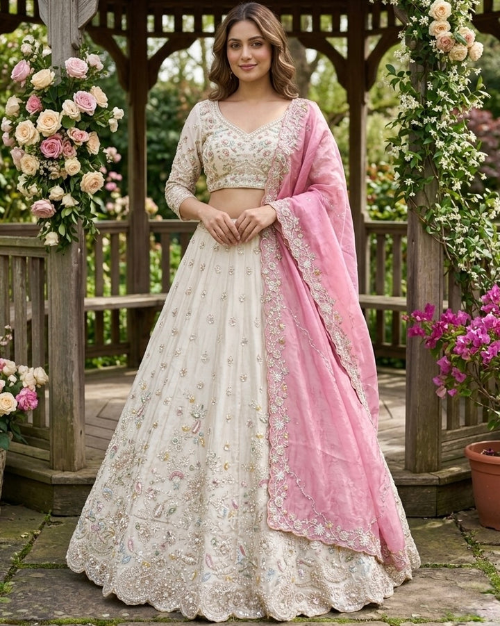 Embroidered Pink Organza Bridal Dupatta (51229)