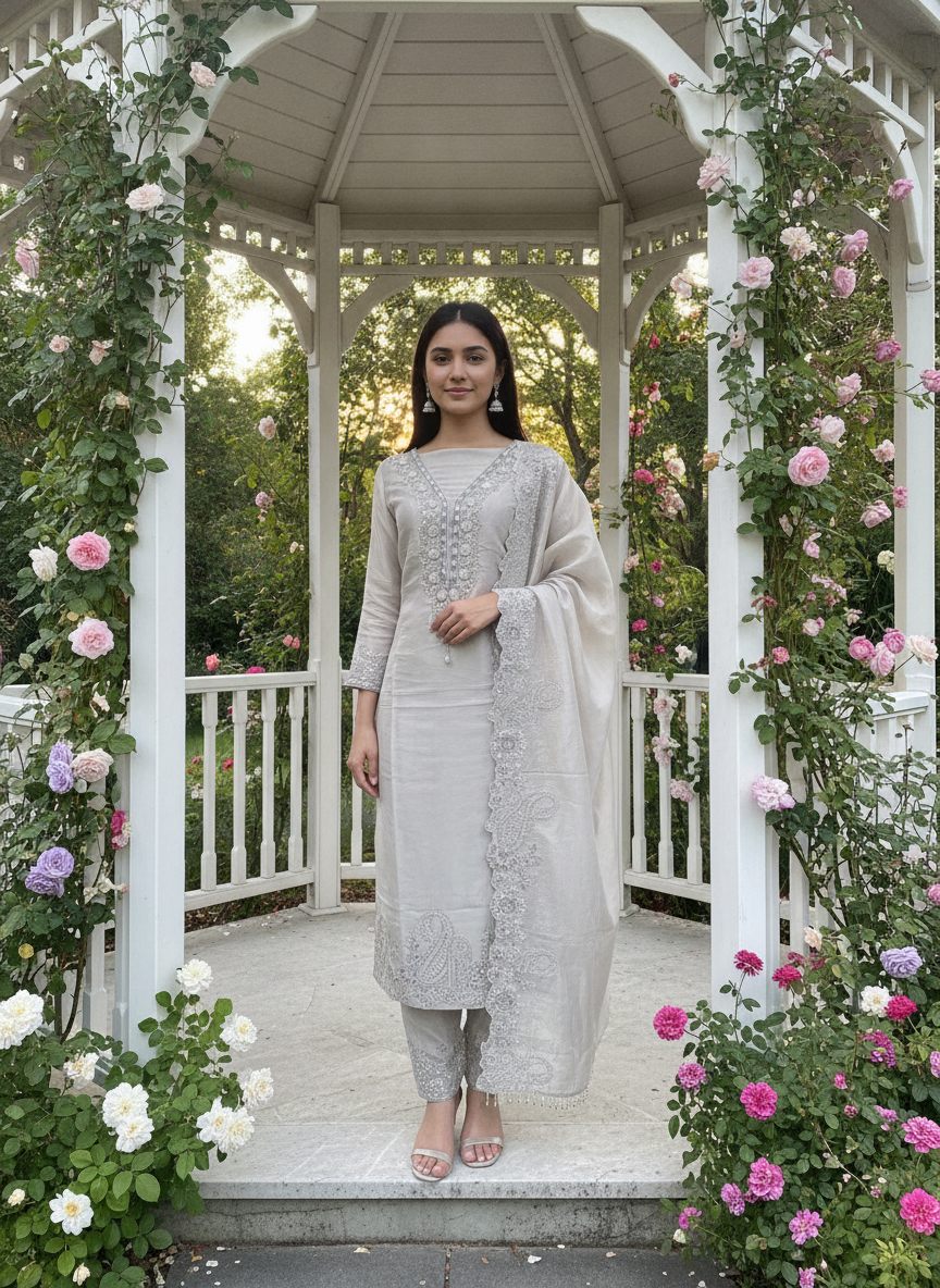 Embroidered Grey Organza Festive Unstitched Fabric (58908)