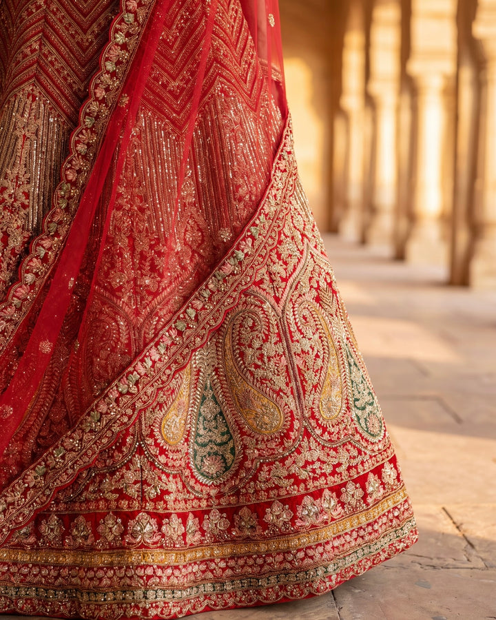 Crimson Velvet Bridal Lehenga with Embroidery (51899)