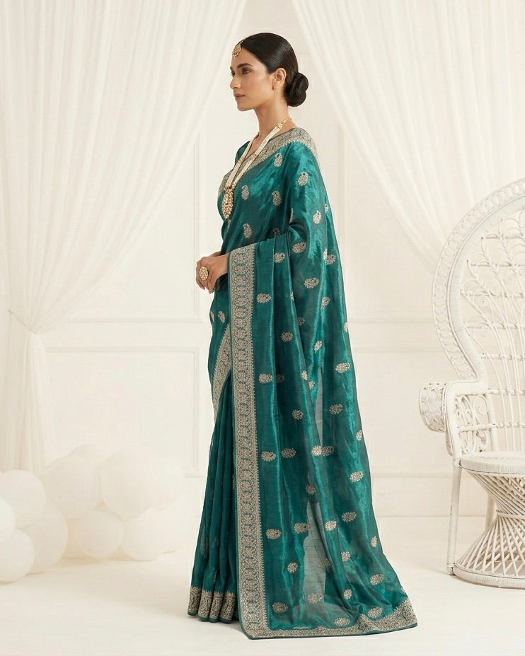 Peacock Blue Embroidered Organza Saree (54592)