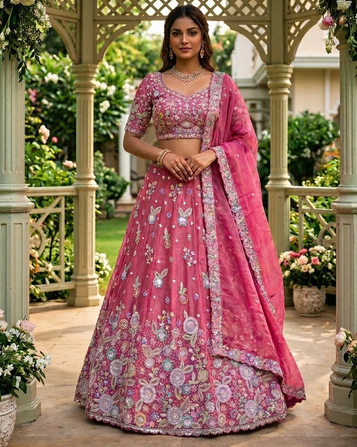 Embroidered Pink Organza Dupatta with Elegant Detailing (54519)