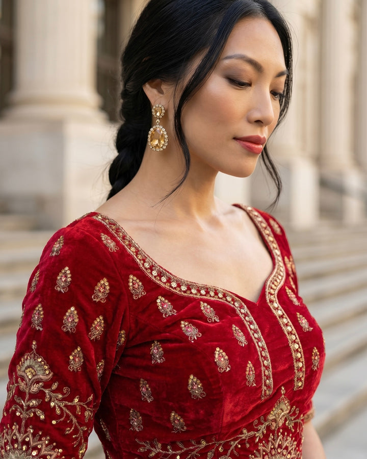Crimson Velvet Bridal Dupatta with Embroidery (45519)