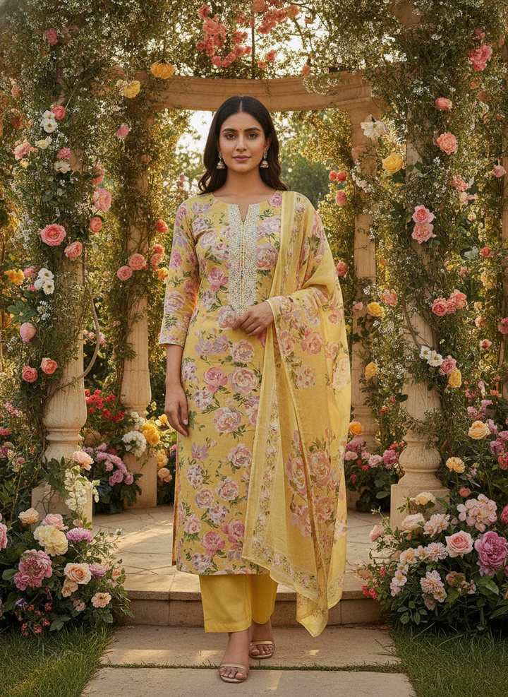 Sunlit Yellow Embroidered Cotton Unstitched Fabric (56256)