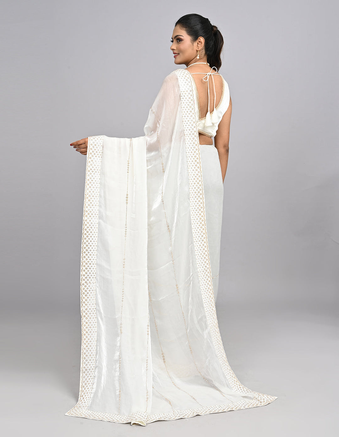 Nooraya – White Organza Saree with Stonework & Self-Coloured Blouse | Fazals (48100)