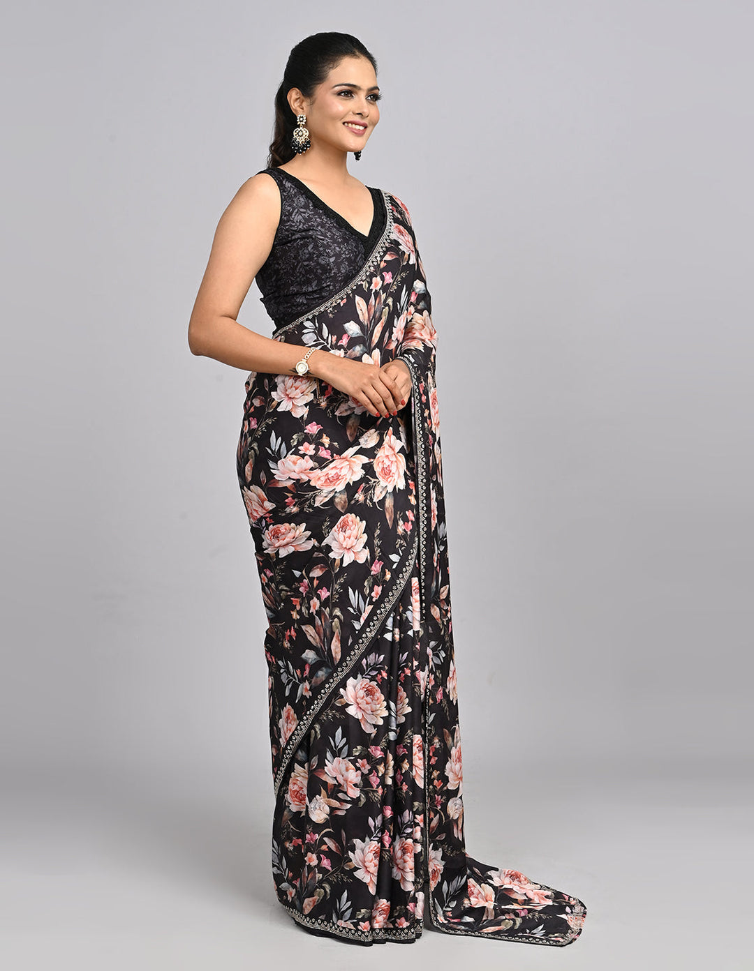 Noor – Black Floral Satin Saree with printed Blouse | Fazals (47108)