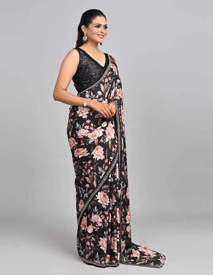 Noor – Black Floral Satin Saree with printed Blouse | Fazals (47108)