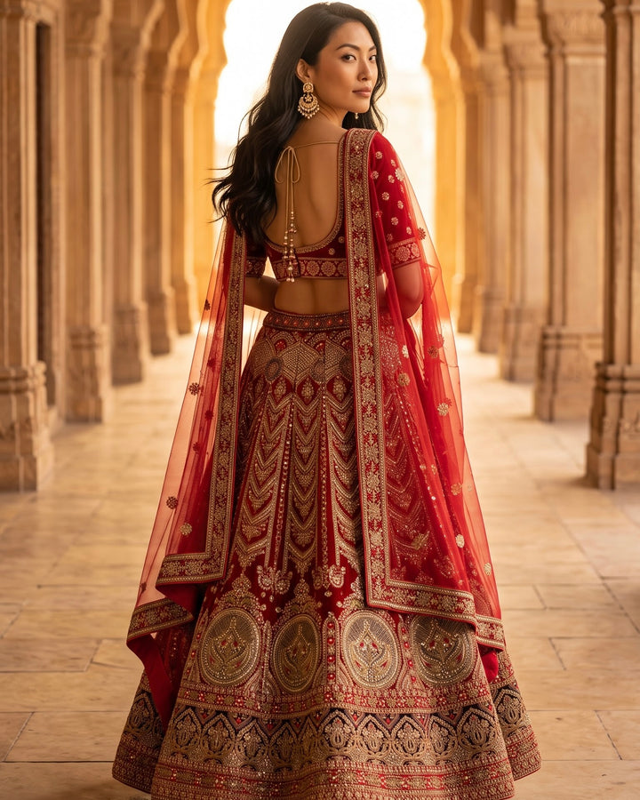 Crimson Velvet Bridal Lehenga with Embroidery (51900)