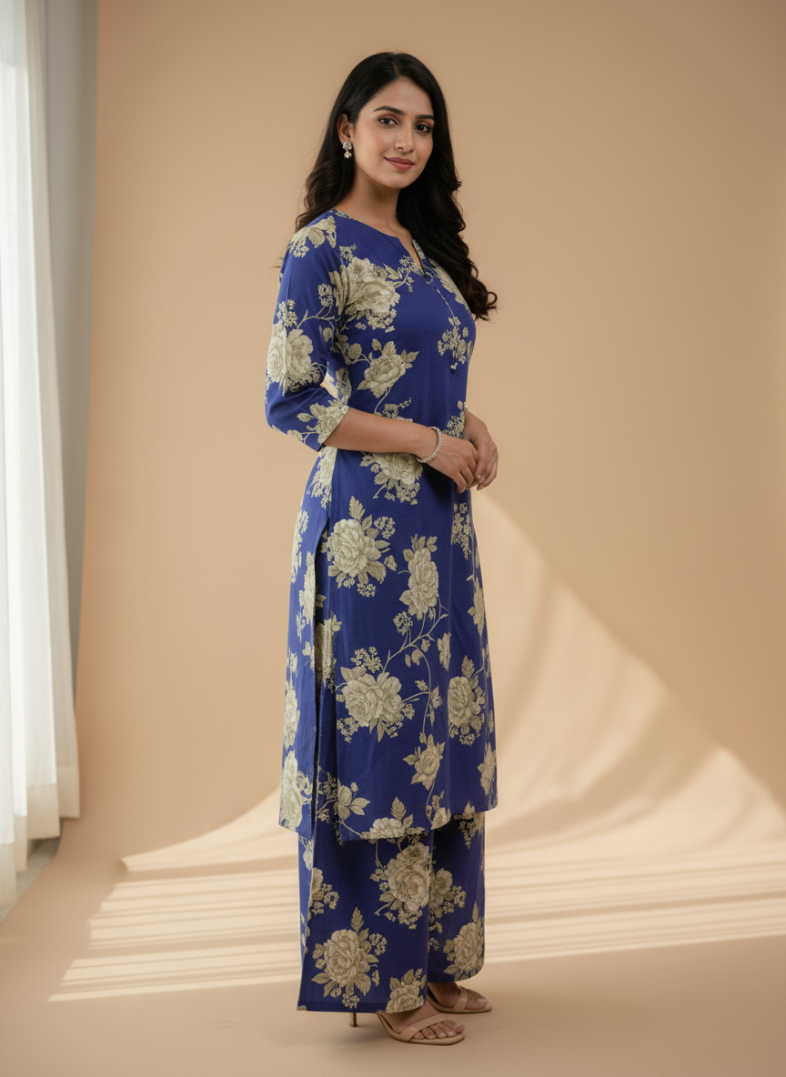 Blue Printed Cotton Fabric for Everyday Elegance (53866)