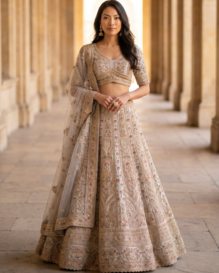 Embroidered Grey Tissue Bridal Dupatta (38501)
