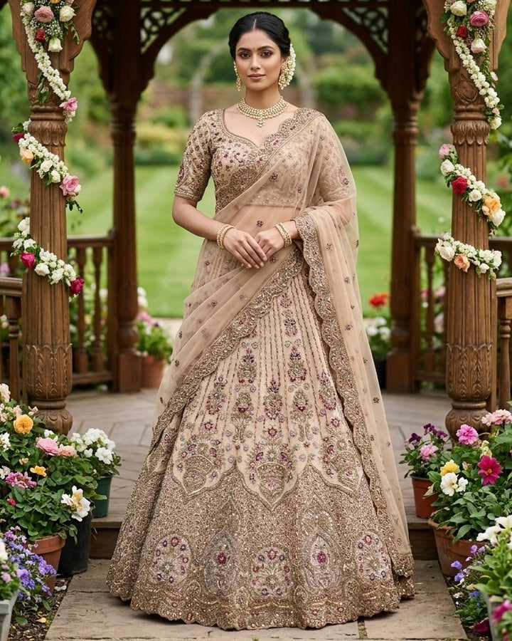 Beige Embroidered Net Bridal Dupatta Ensemble (54321)
