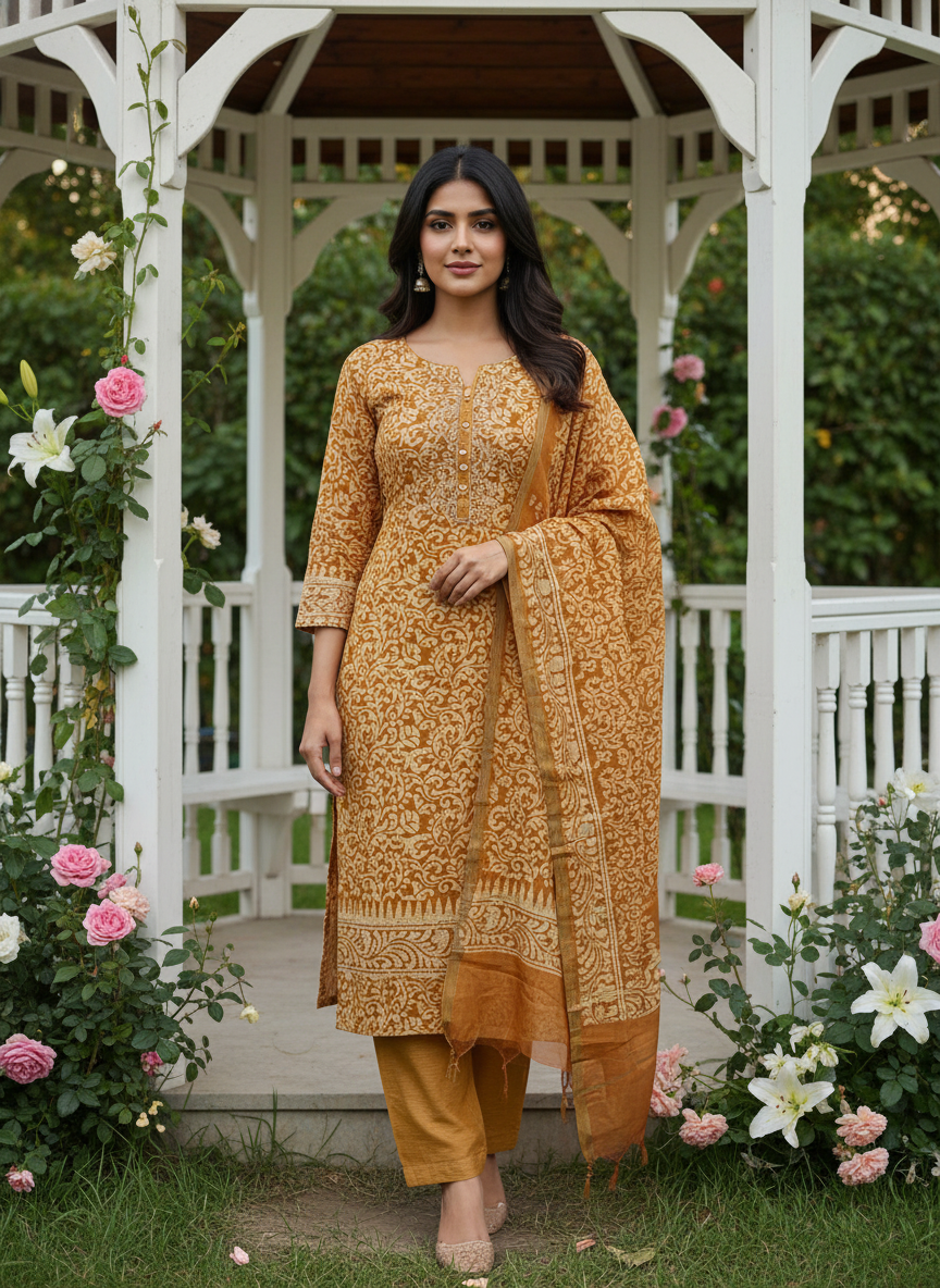 Mustard Chanderi Printed Unstitched Elegance (48235)