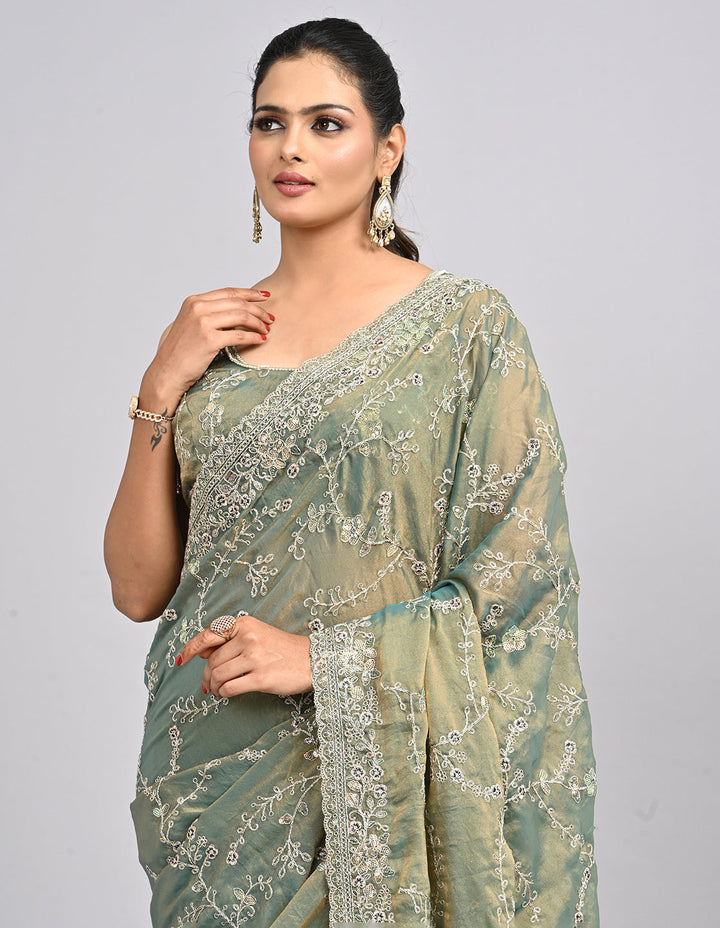 Aarunya – Green Organza Saree with Coding & Sequin Embroidery | Fazals (48094)