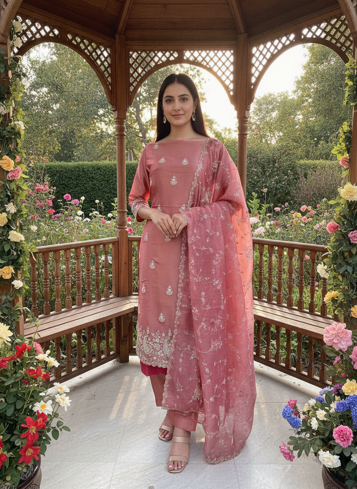 Peach Tissue Embroidered Unstitched Ensemble (58885)