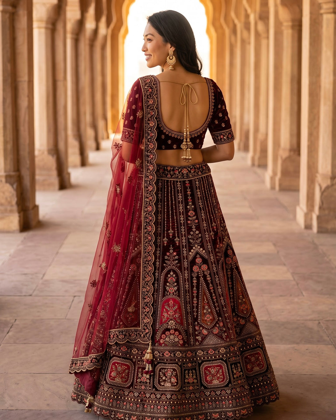 Maroon Velvet Embroidered Bridal Lehenga (54306)