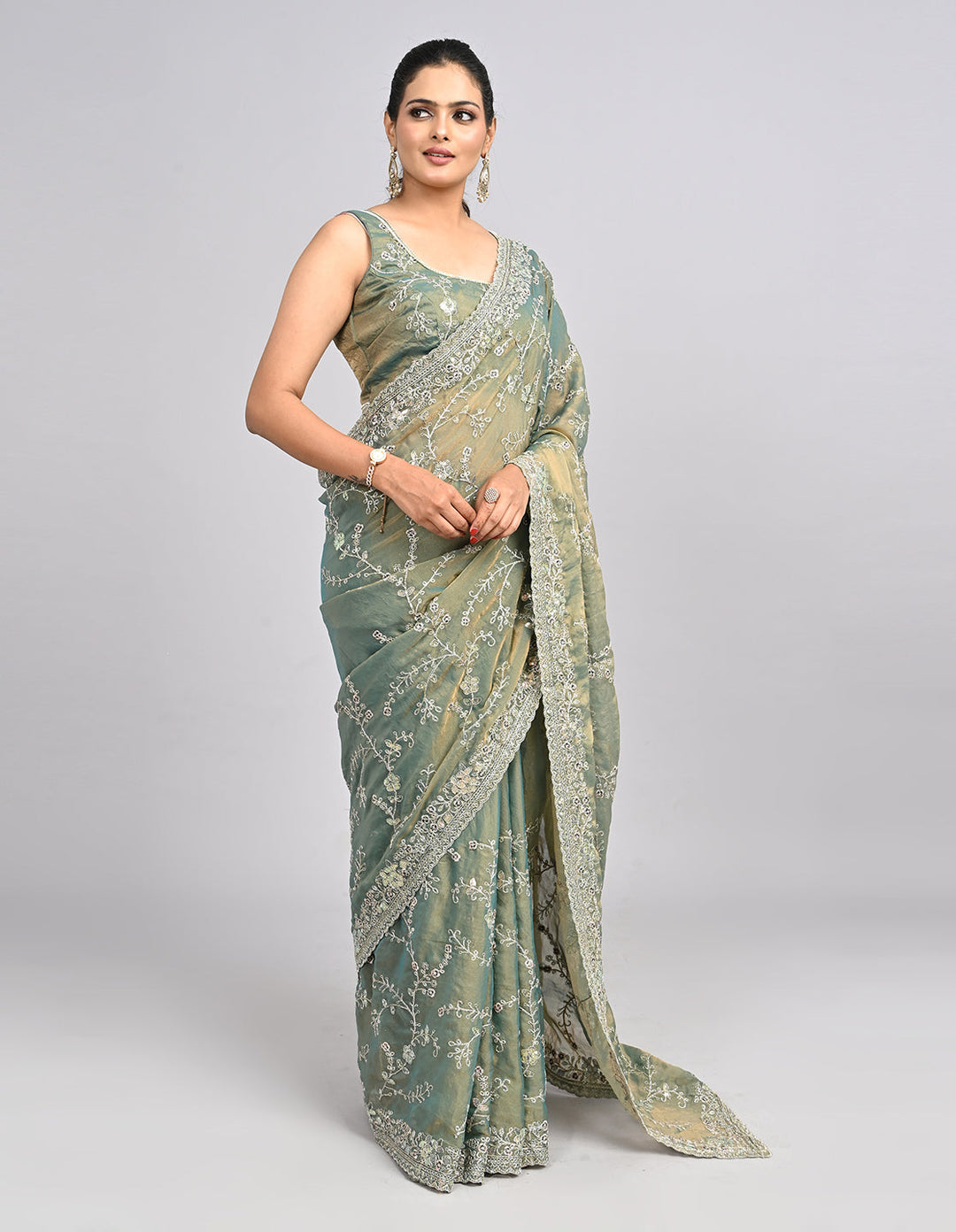 Aarunya – Green Organza Saree with Coding & Sequin Embroidery | Fazals (48094)