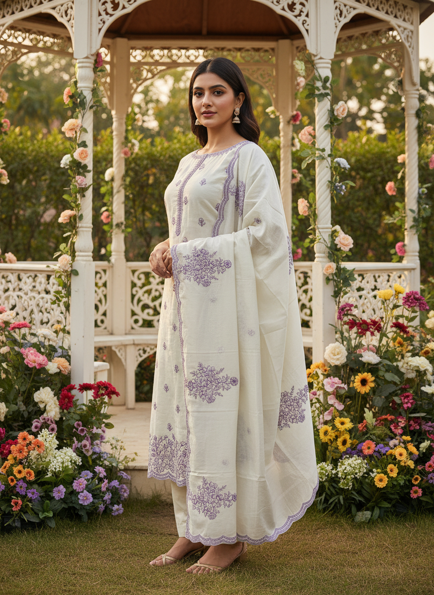 Cream Chanderi Embroidered Paisley Unstitched Fabric (54641)