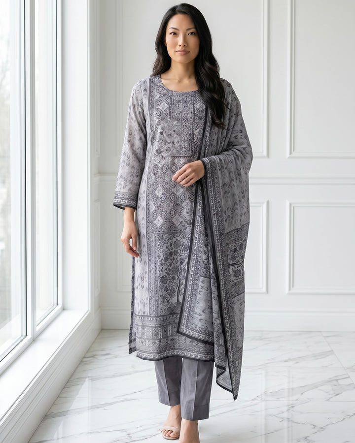 Embroidered Grey Crepe Dupatta with Elegant Detailing (56090)