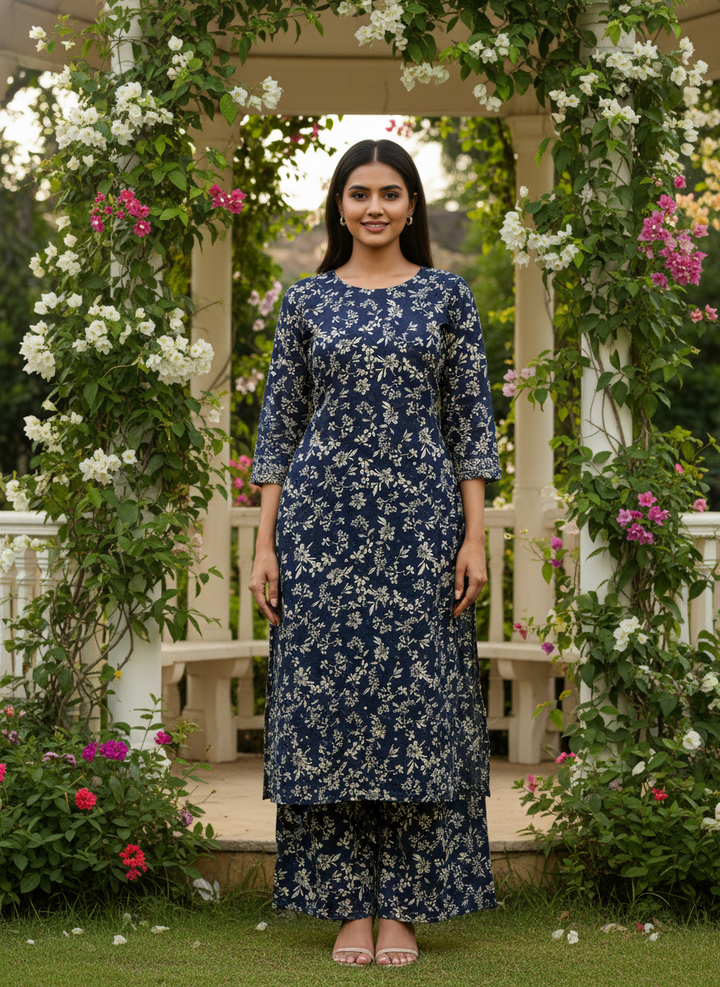 Navy Blue Mull Printed Embroidery Drape (54404)