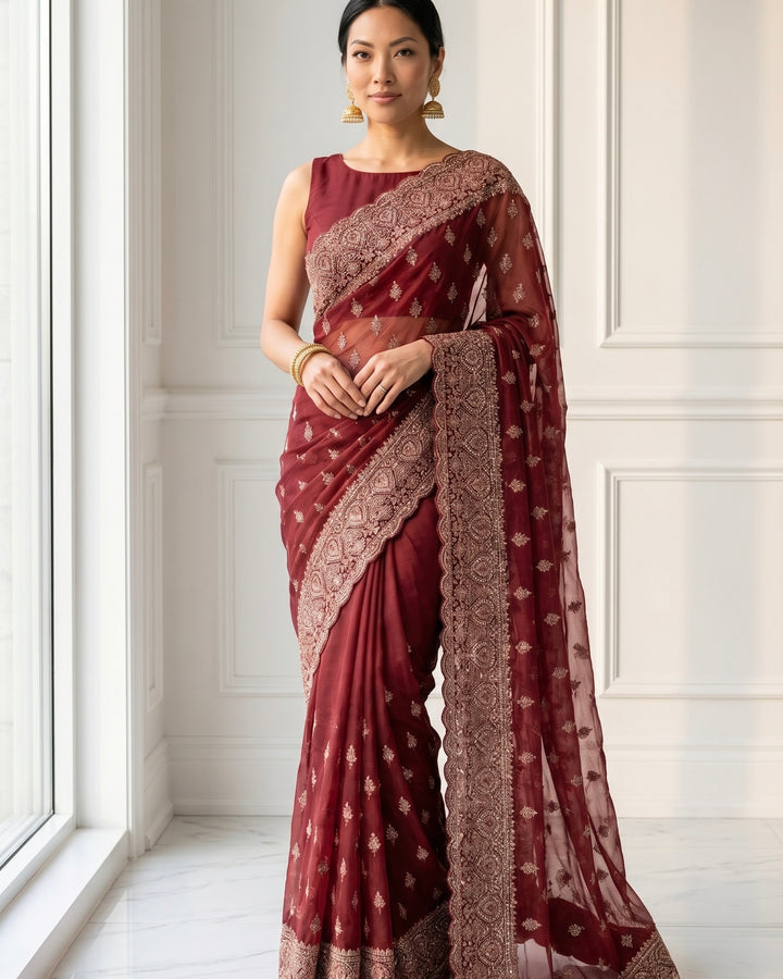 Pink Organza Saree with Allover Embroidery (54583)
