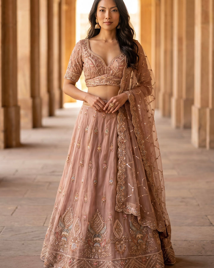 Lavender Embroidered Organza Bridal Lehenga (54790)
