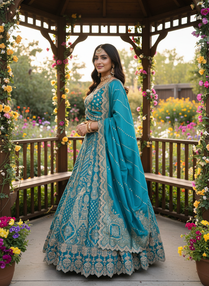 Emerald Silk Bridal Lehenga with Handworked Embroidery (44644)