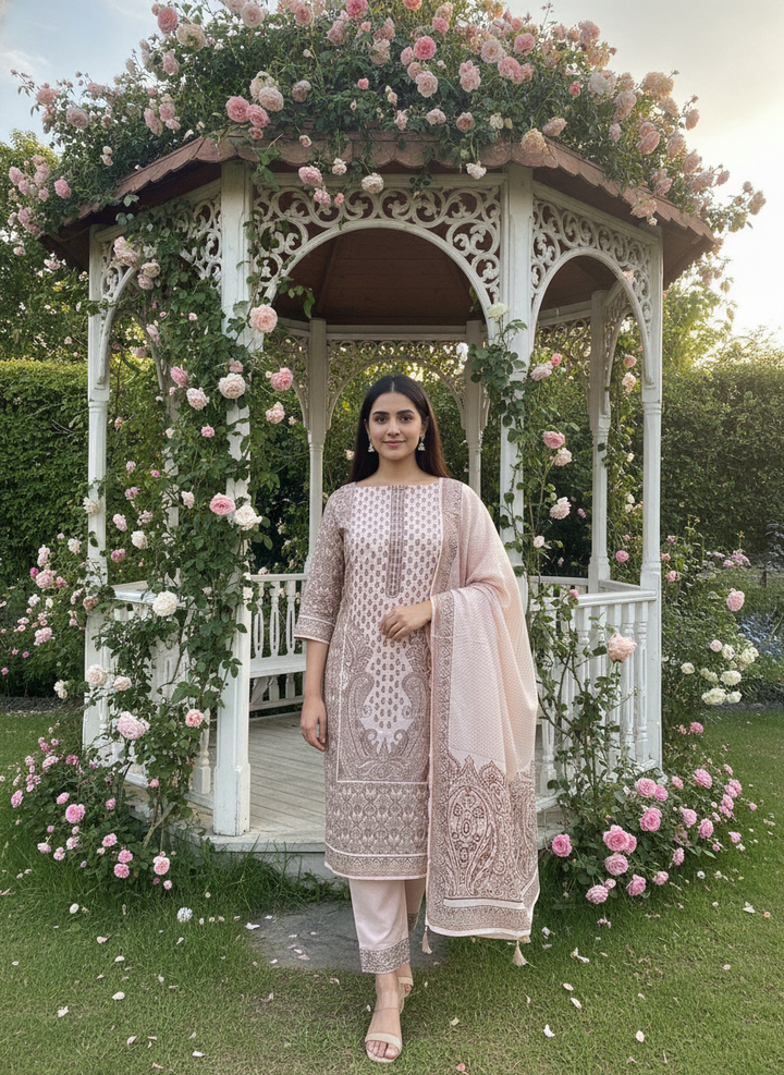Peach Cotton Paisley Embroidered Unstitched Fabric (58673)