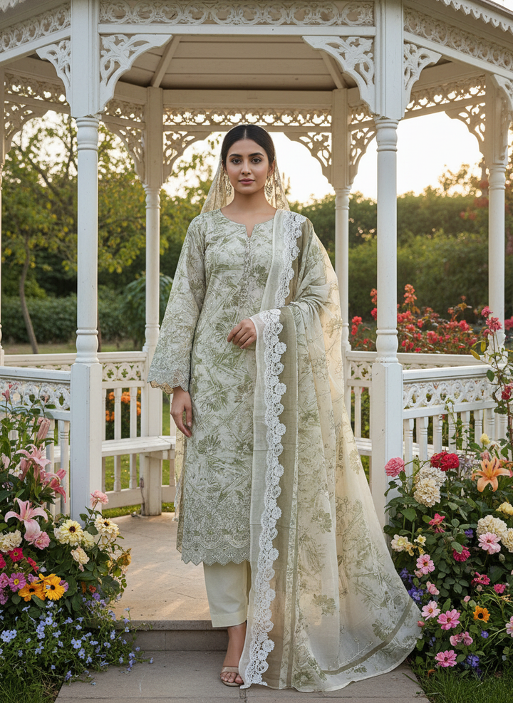 Monsoon Green Embroidered Cotton Unstitched Fabric (54985)