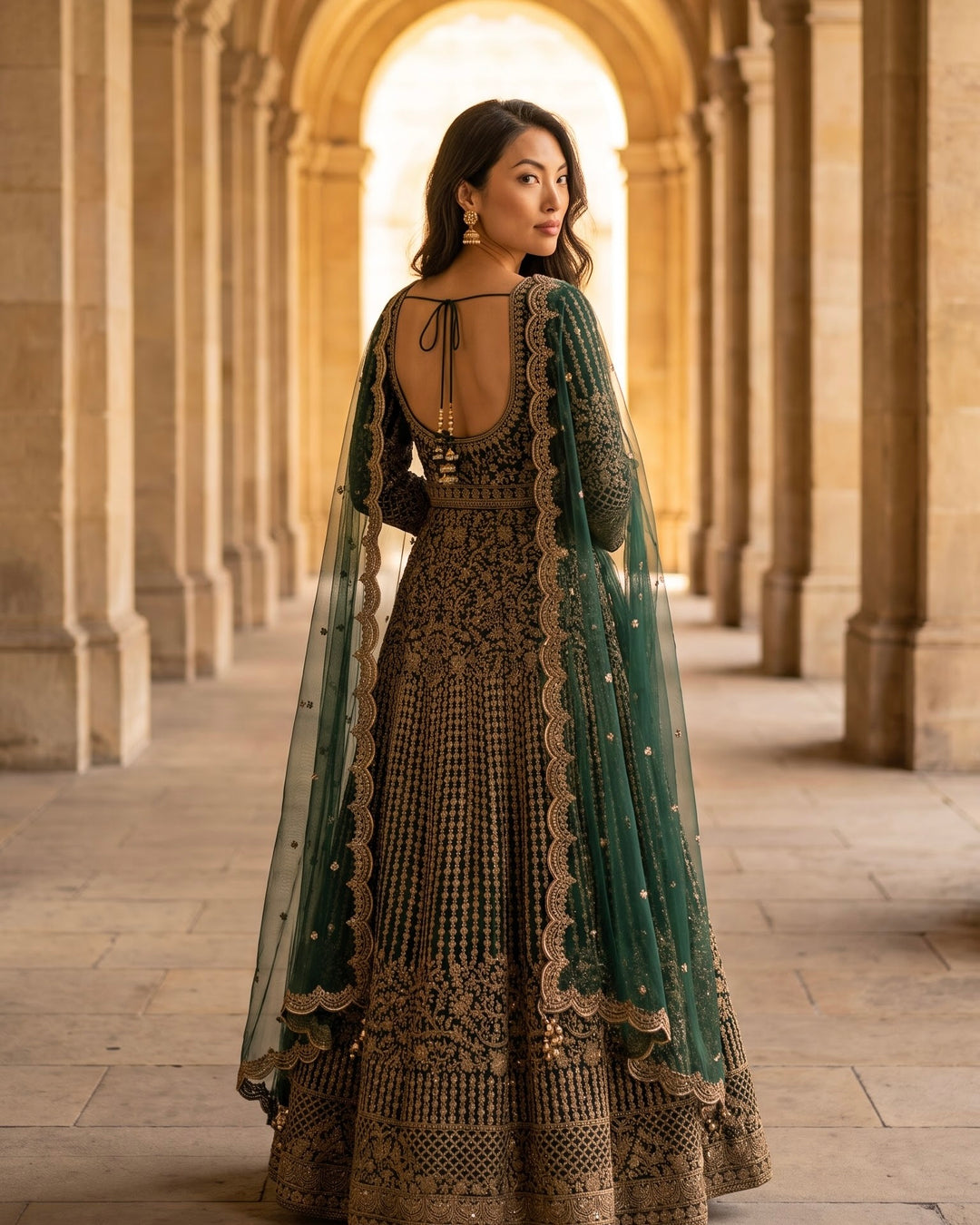 Bottle Green Embroidered Trail Cut Farshi (56988)