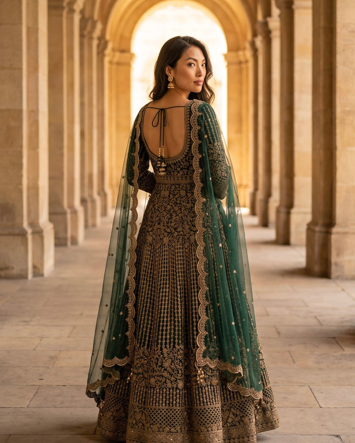 Bottle Green Embroidered Trail Cut Farshi (56988)
