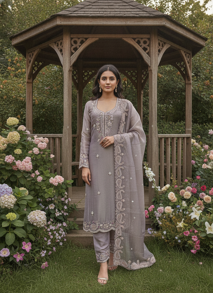 Lavender Organza Embroidered Festive Ensemble (58467)