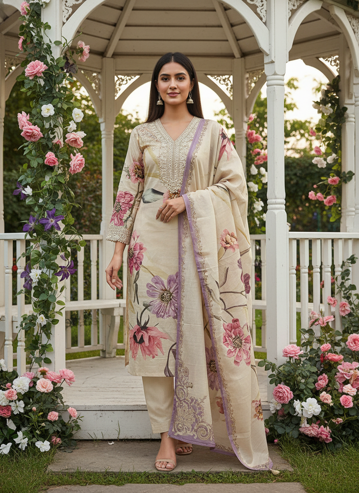 Beige Muslin with Printed Floral Embroidery (54959)