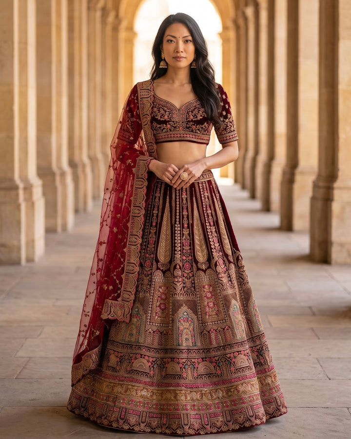 Maroon Velvet Embroidered Bridal Lehenga (45877)