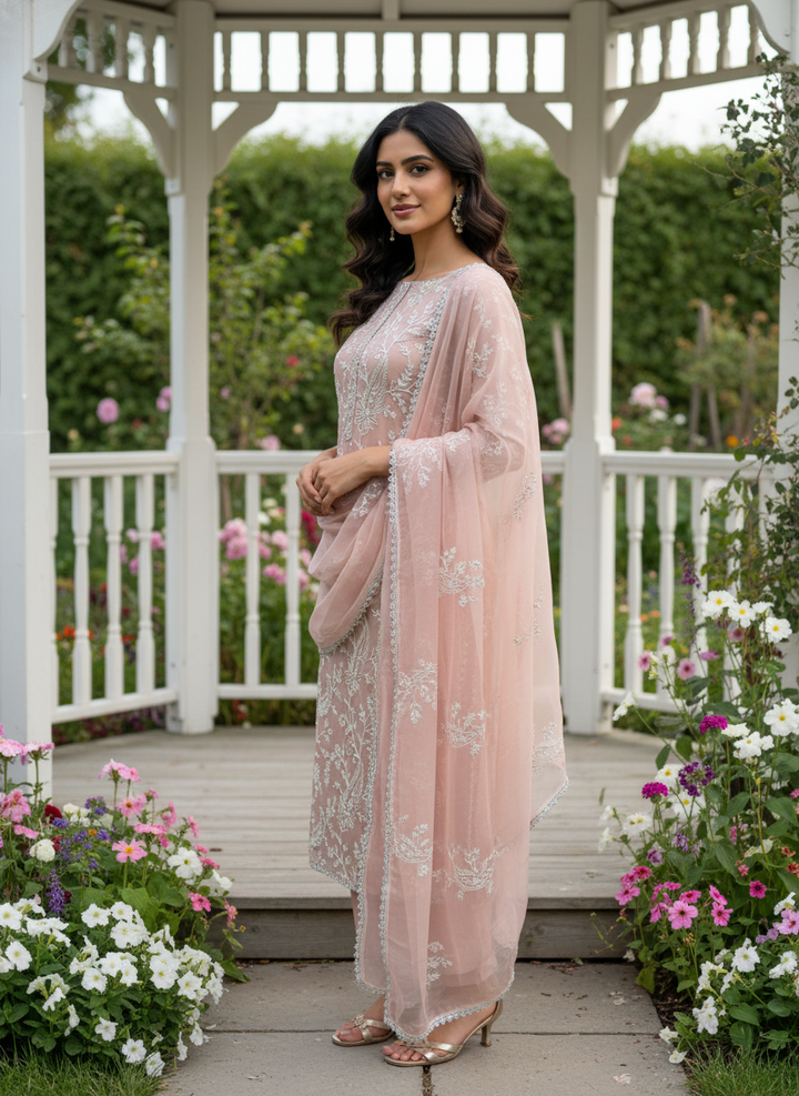 Peach Organza Zari Embroidered Festive Fabric (52318)
