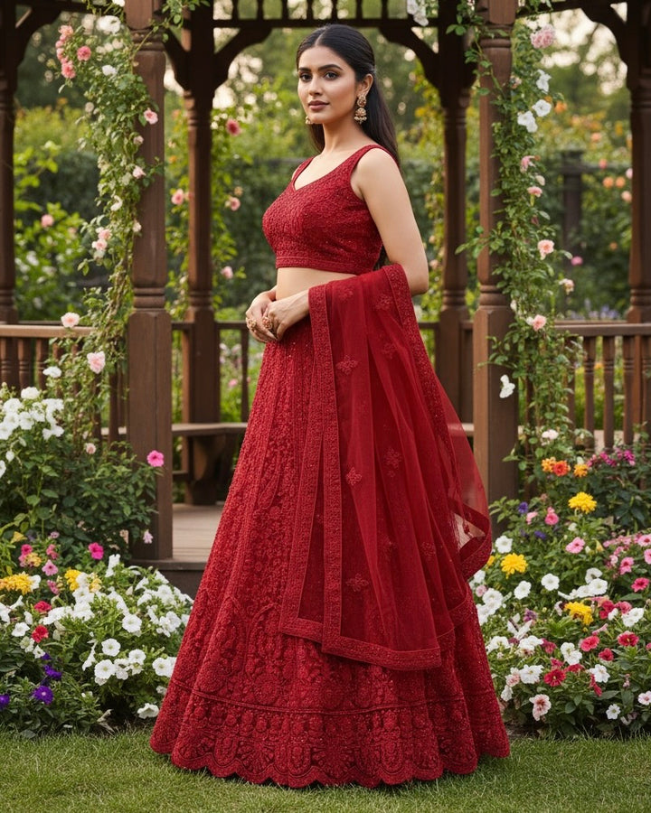 Embroidered Red Net Bridal Dupatta (44496)