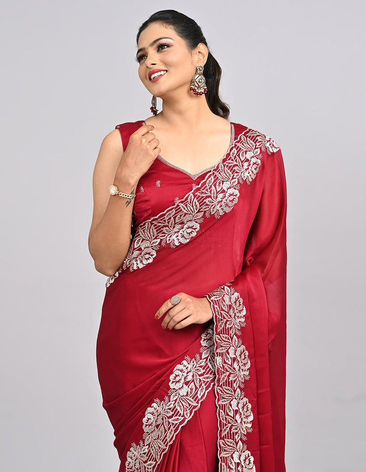 Ruhani – Red Chinnon Saree with Threadwork Border & Self-Coloured Blouse | Fazals (48096)