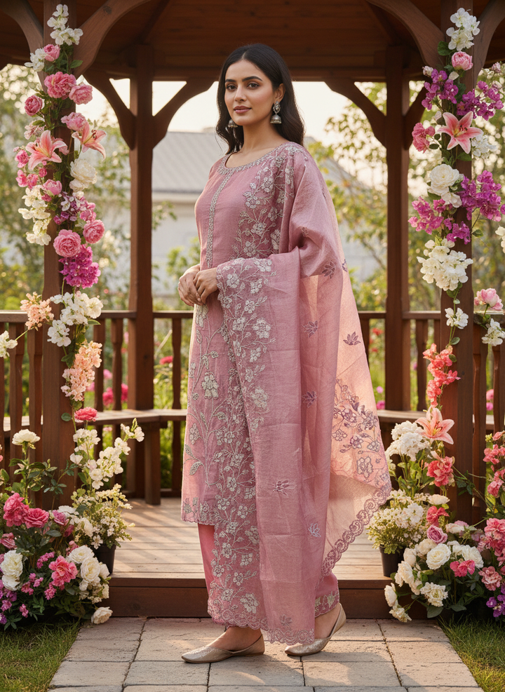 Pink Tissue Zari Embroidered Festive Fabric (48626)