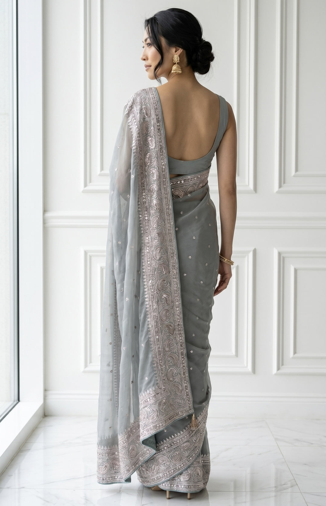 Ethereal Light Blue Embroidered Organza Saree (54588)