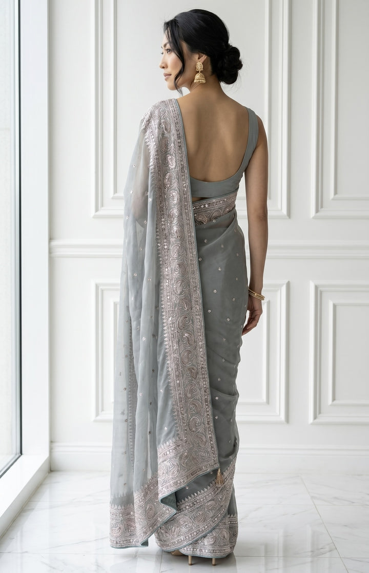 Ethereal Light Blue Embroidered Organza Saree (54588)