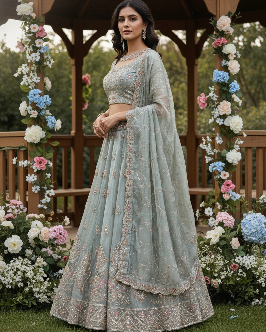 Embroidered Blue Organza Indo Western Gown (54791)