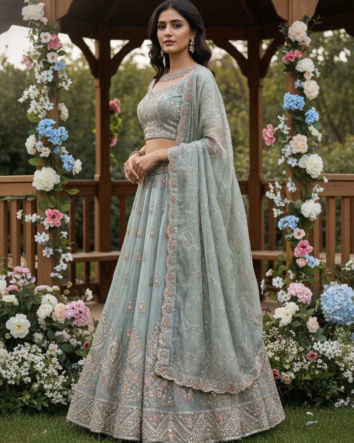 Embroidered Blue Organza Indo Western Gown (54791)