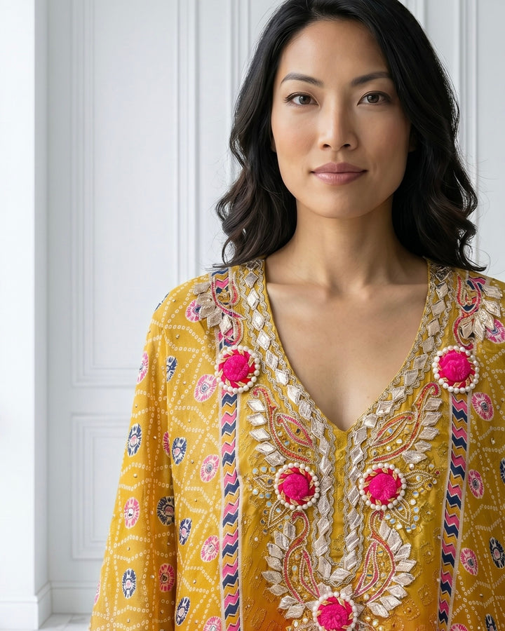 Mustard Crepe Embroidered Festive Kaftan (50329)