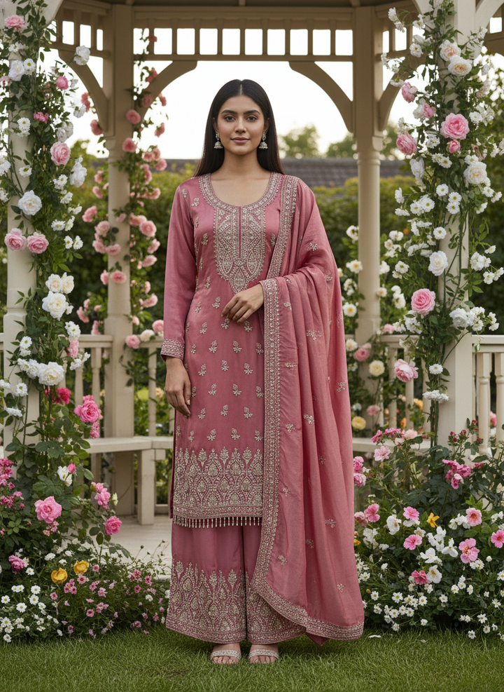 Luminous Pink Embroidered Shimmer Organza Dupatta (51458)