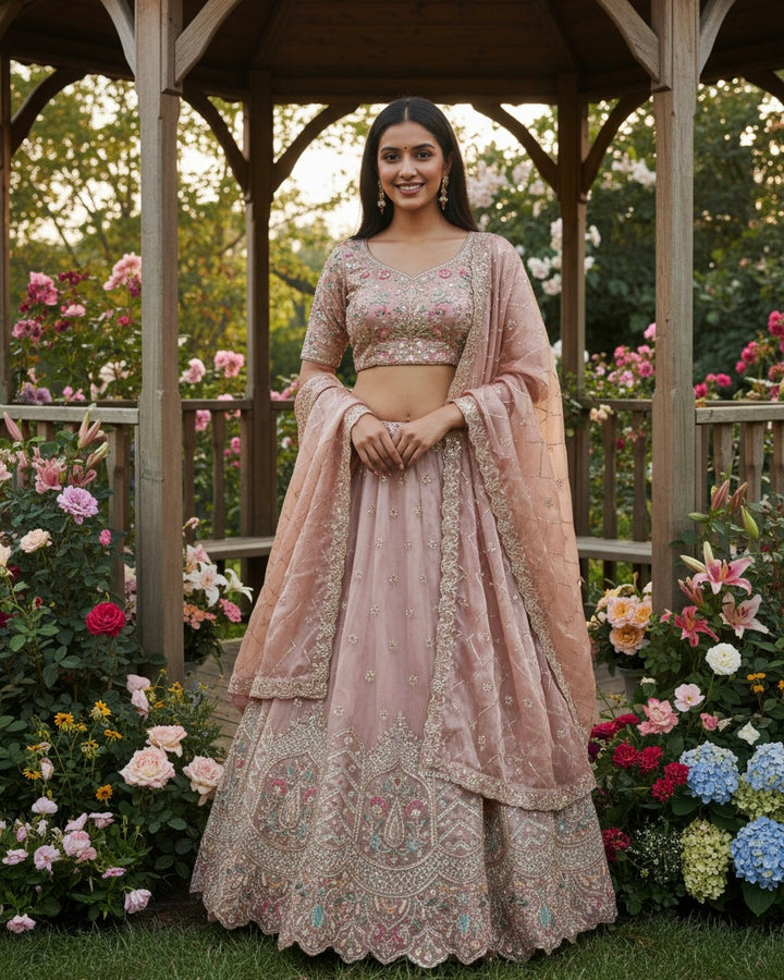 Peach Organza Embroidered Bridal Dupatta (53162)