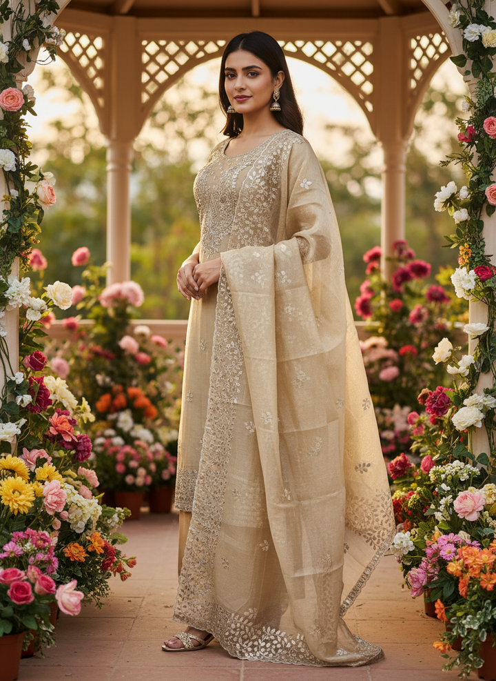 Golden Tissue Embroidered Festive Unstitched Fabric (55088)