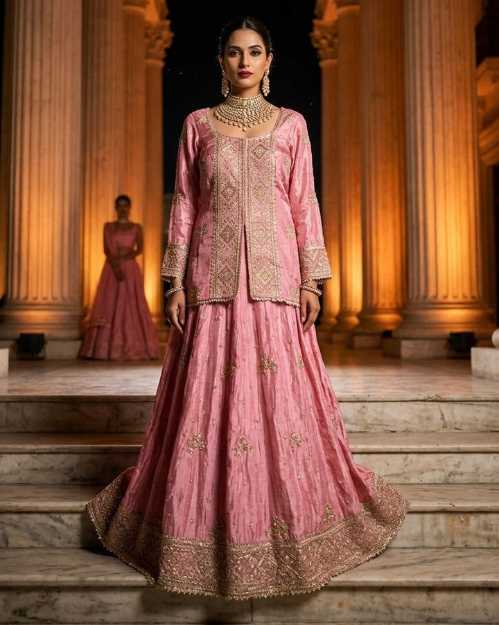 Neelofer – Rose Pink Tissue Jacket Lehenga Set with Katdana, Sequin & Moti Work | Fazals (52115)