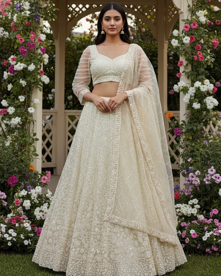 Cream Net Embroidered Dupatta with Elegant Detailing (54716)