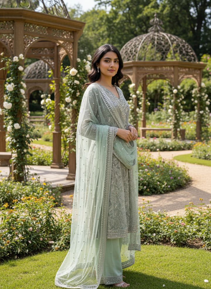 Emerald Georgette Zari Embroidered Straight Suit (53447)