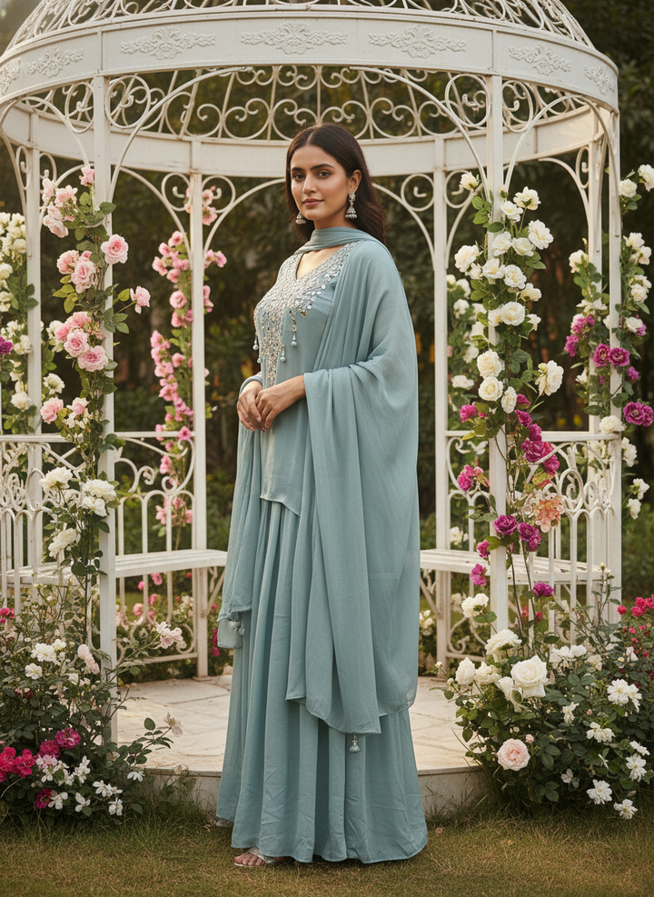 Light Green Chinnon Handwork Plazo Suit (52124)