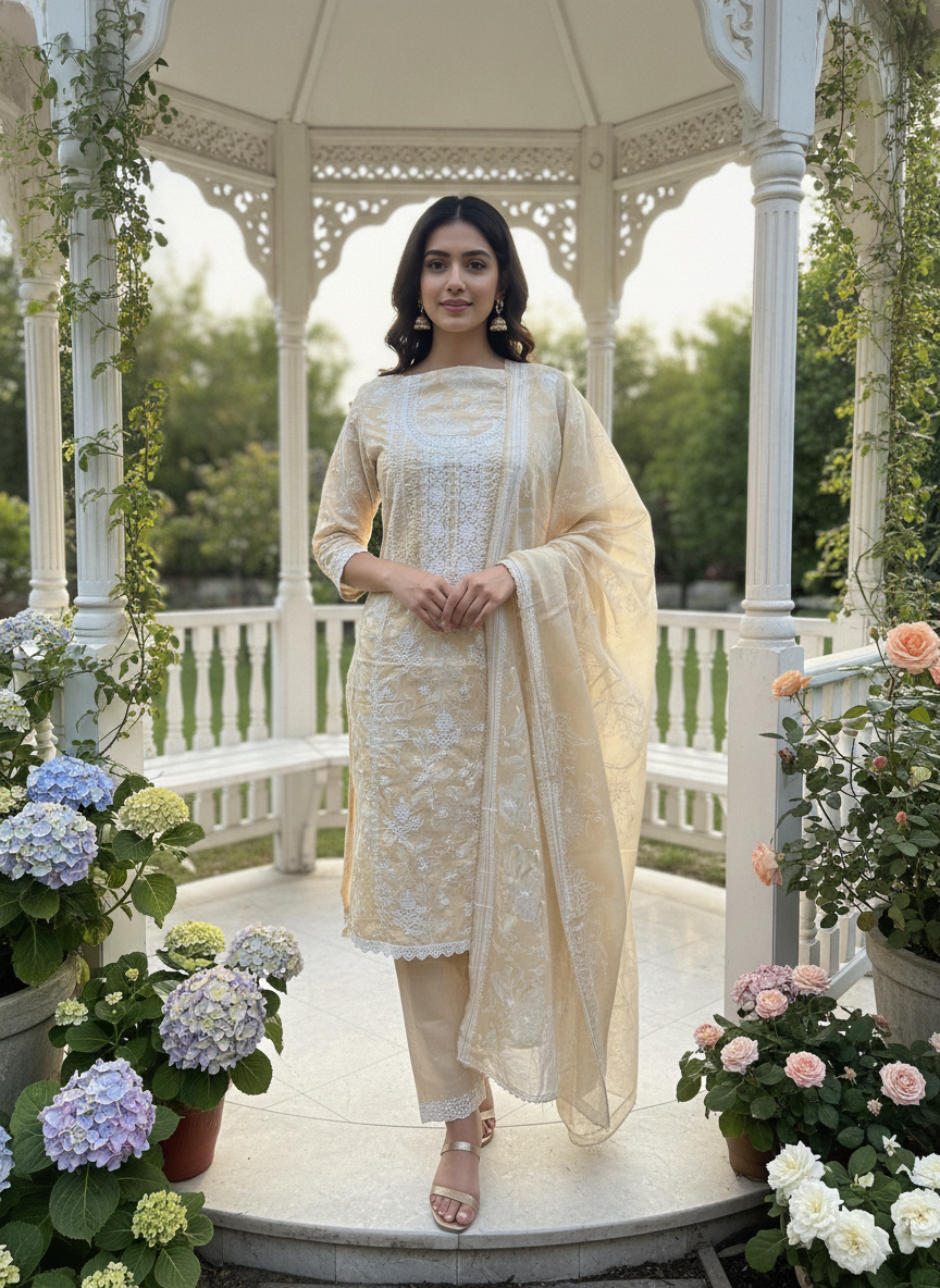 Sunlit Yellow Embroidered Cotton With Paisley (56799)