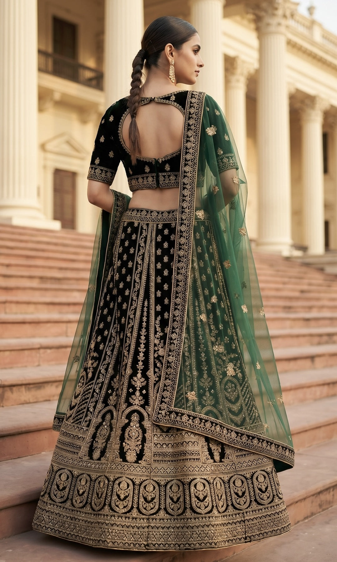 Bottle Green Velvet Zari Embroidered Bridal Dupatta (37516)